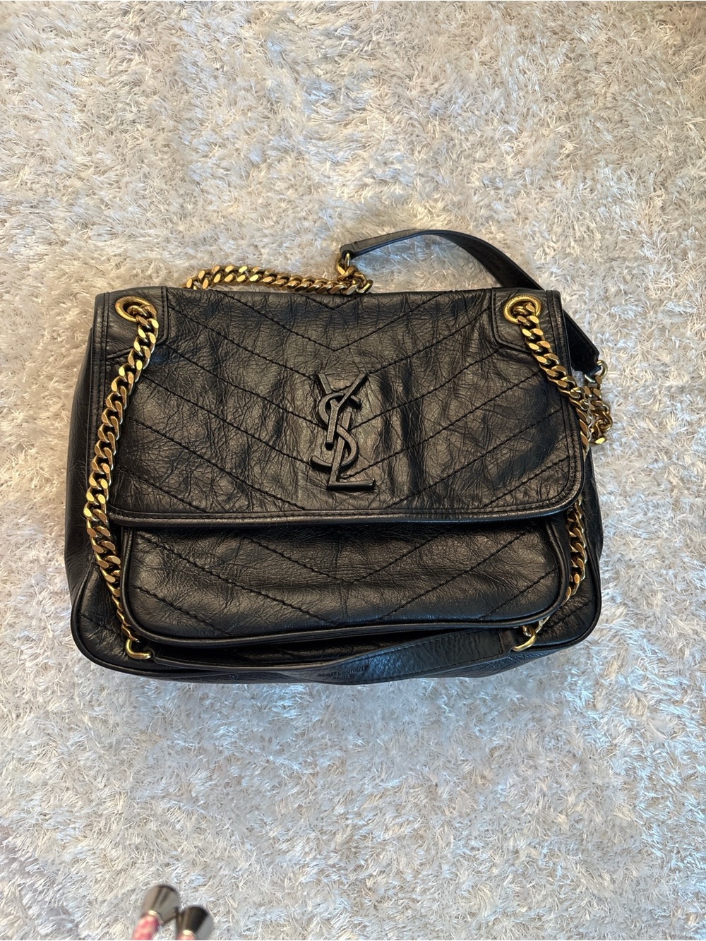 Yves Saint Laurent Black Quilted Leather Shoulder Bag with Gold Chain Hardware